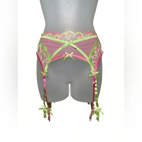 For Love And Lemons Hugging Hearts Garter Belt Pink Green Lace XS NWT - Picture 1 of 5